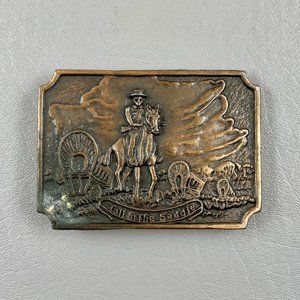 Vintage Western Brass Belt Buckle Tall In The Saddle Horse Rider Covered Wagon